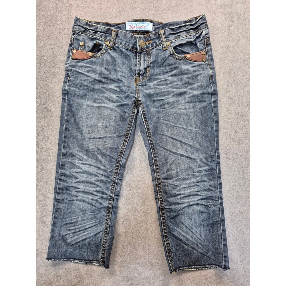 Li Wang Zhe-Q Womens Slim Cropped Jeans Medium Wash Distressed Raw Hem Rivets